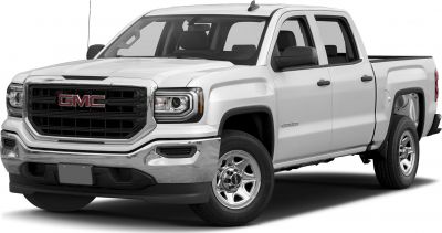 Regular cab pickup truck front and side view with standard cargo box and chrome grille.