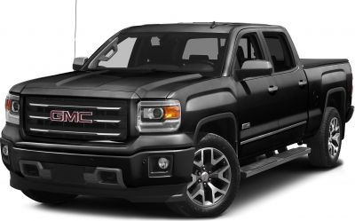 Front and side view of regular cab pickup truck with bold grille and alloy wheels