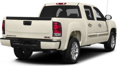 Rear view of pickup truck showing tailgate and taillights