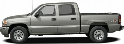 Silver crew cab pickup with 4x4 and chrome wheels side view