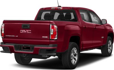 Red pickup truck rear view with crew cab and long box