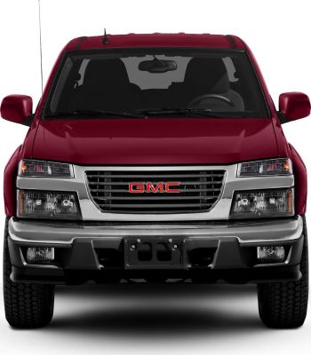 Close-up front view of truck grille and headlights