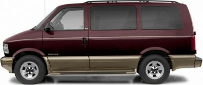 Side profile of a two-tone minivan with sliding door and roof rack.
