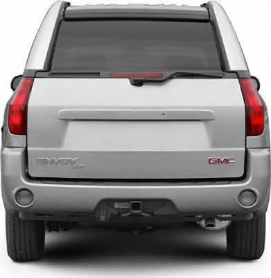 Rear view with tailgate, taillights, rear wiper, towing hitch.