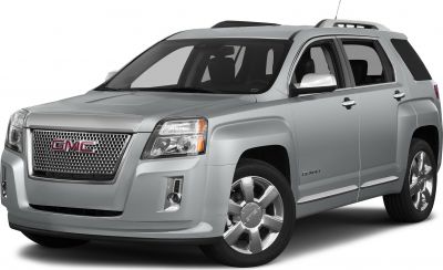 Front-side view of silver SUV featuring GMC grille and Denali trim