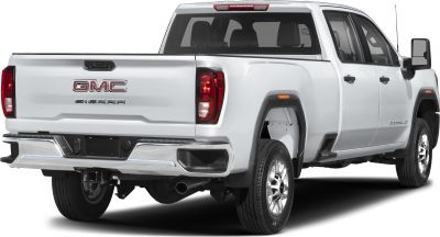 Rear and side view of a heavy-duty pickup with long bed and dual cab