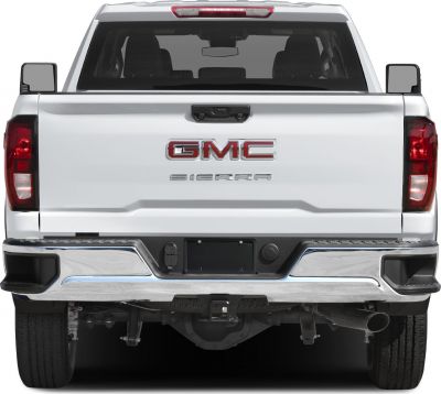 Rear view of pickup truck with chrome bumper and signature tailgate design
