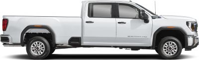 Side profile of a regular cab, long bed heavy duty pickup truck.