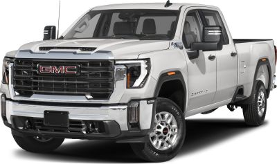 Front view of a regular cab long bed heavy-duty pickup with bold grille