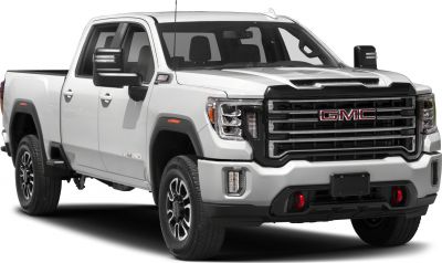 Front and side view of heavy duty pickup with double cab and standard bed