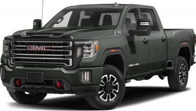 Heavy-duty pickup truck with robust grille and long cargo bed.