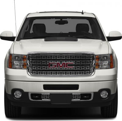 Front view with grille, headlights, and fog lights of a large pickup