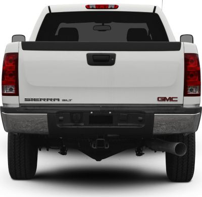 Pickup rear view with tailgate, rear lights, and exhaust pipe