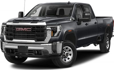 Heavy-duty pickup front with bold grille and crew cab standard bed design