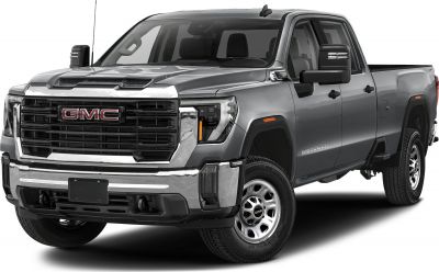 Front and side profile of a heavy-duty pickup with chrome grille and dual cab.