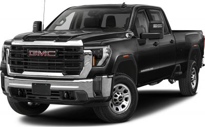 Front and side view of truck with bold grille and dual cab doors.