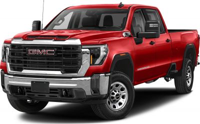 Red heavy-duty pickup with bold grille and regular cab long bed