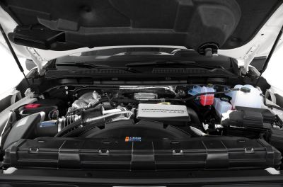 Duramax 6.6L HD diesel engine compartment with detailed components