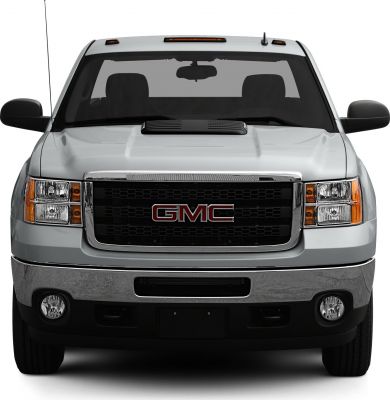 Front view of heavy duty pickup truck with grille and headlights