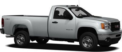 Side profile of a heavy-duty pickup with crew cab and standard cargo box.