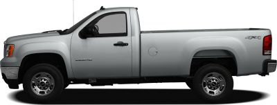 Single cab heavy-duty pickup truck with long bed and 4x4 badge
