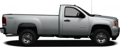 Side view of silver 4x4 pickup with extended cargo bed and single cab