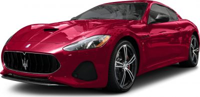 Front and side view, red sports coupe with distinctive grille and alloy wheels
