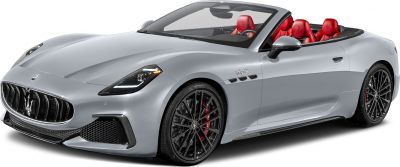 Convertible sports car with black multi-spoke wheels and vivid red leather interior