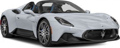 Open-top sports car front-side view with aerodynamic design and mesh grille.