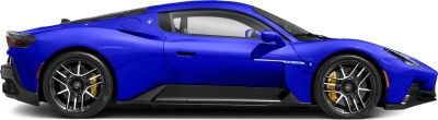 Side profile with sharp aerodynamics and black alloy wheels with yellow calipers