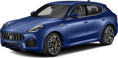 Front and side view of a blue luxury SUV with distinctive grille and sporty wheels
