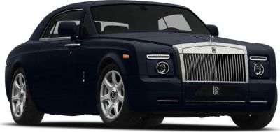 Front view of a luxury coupe with vertical grille and round headlights