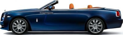 Side view of blue luxury convertible with orange seats and large alloy wheels