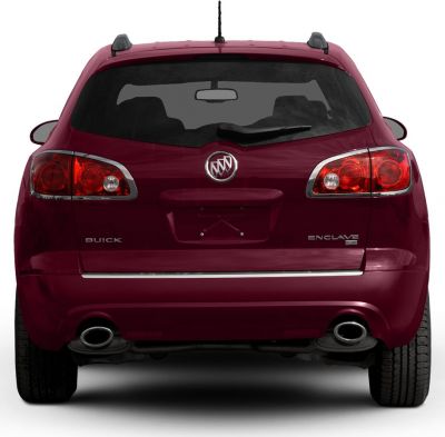 Rear view showing dual exhaust pipes and taillights of a dark red SUV with roof rails
