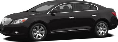 Side profile view of black sedan with chrome wheels and trim