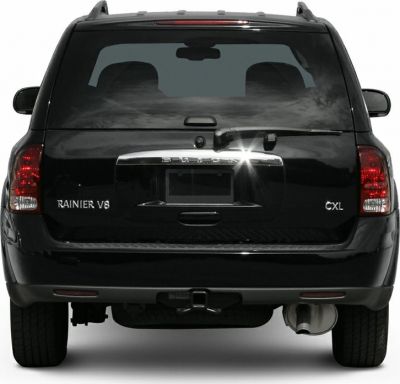 SUV rear with V8 badge, windshield wiper, chrome trim, towing hitch