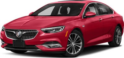 Front grille with Buick emblem, LED headlights, alloy wheels on red sedan
