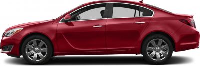 Red four-door sedan side profile with alloy wheels and chrome trims