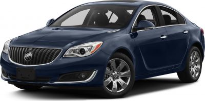 Front and side view of a blue mid-size sedan with chrome grille and alloy wheels