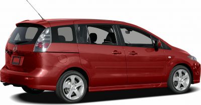 Red minivan with sliding rear door and vertical tail lights