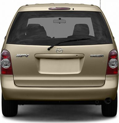 Rear view of a minivan with taillights, rear window wiper, and badges