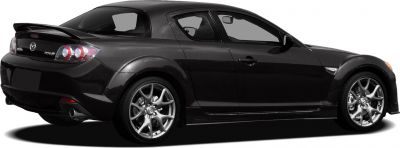 Rear side view of a sporty coupe with spoiler and distinctive alloy wheels.