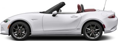 Side profile of convertible with sporty alloy wheels and red seats