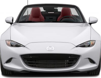 Front view of convertible with sharp headlights and red seats