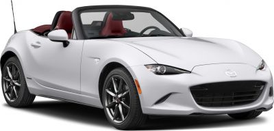 Front-side view of sporty convertible with sharp headlights and alloy wheels