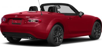 Red convertible roadster rear view with open roof and black alloy wheels