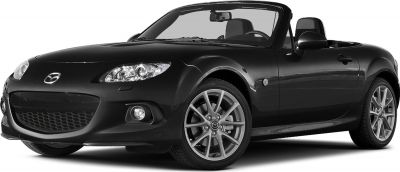 Front and side view of a sleek black hardtop convertible with alloy wheels.