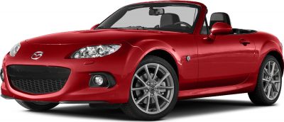 Front side view of red convertible roadster with alloy wheels