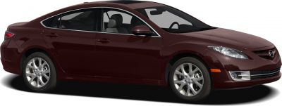 Side profile and alloy wheels of a mid-size sedan in dark red