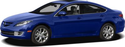 Side profile of blue midsize sedan with alloy wheels.